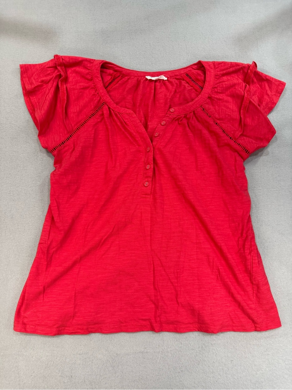 Women’s Reddish Pink Short Sleeve Henley Top - Casual Scoop Neck L